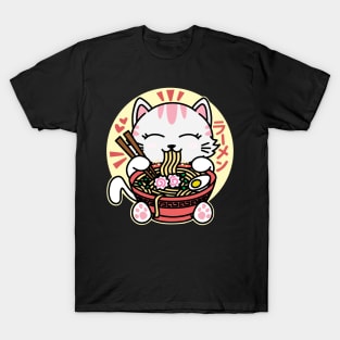 White Cat Eating Ramen T-Shirt